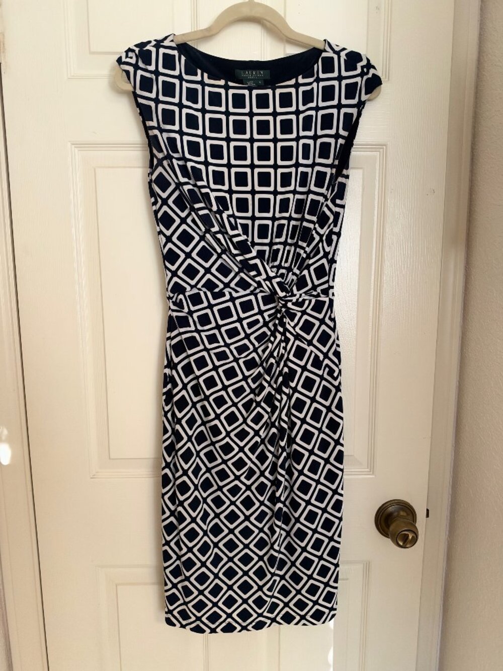 Lauren Ralph Lauren Navy Blue and White Geometric Twist Front Sheath Dress